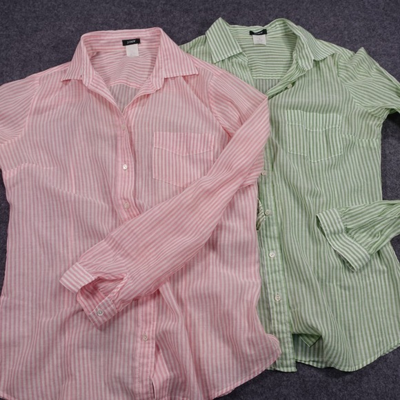 J.Crew Tops - Lot of 2 J.Crew Womens Small Striped Cotton Button Down Shirts Pink Green 1796
